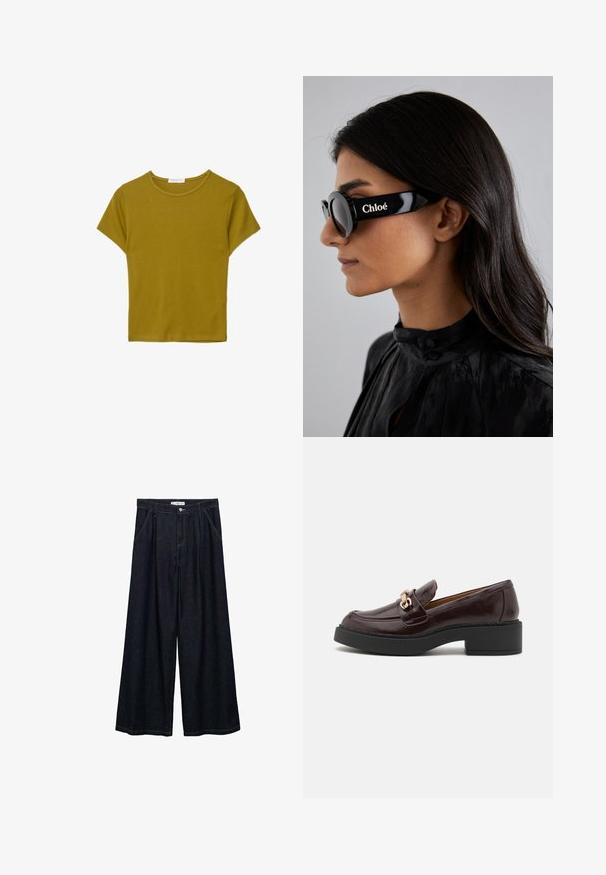 Brun læderjakke med krave, lynlås lukning og to sidelommer. Glat tekstur med en let slidt finish.; Kortærmet T-shirt med rund hals i olivengrønt bomuldsstof, med en afslappet pasform og glat tekstur. Ingen mønstre eller udsmykninger.; Mørk denim bredbenede bukser med høj talje, der har en frontlukning med knap, to sidelommer og syningsdetaljer.; Brune læder loafer med en guldaccent spænde, sort blokhælt og en glat tekstur. Sidevisningen viser en rund tå og stikninger.; Sorte solbriller med runde linser og markante, vinklede stel med mærket "Chloé" i hvidt på siden. Glat, blank finish.; Hvid læder crossbody taske med en guldspænde, præsenterer et struktureret design, kontrasterende kanter og en tynd justerbar strop.; FERRAGAMO FERRAGAMO DUO MINI - Ure - silver-coloured/gold-coloured