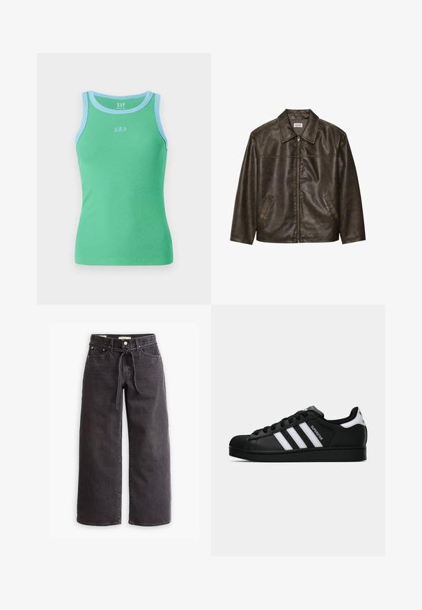 Giacca in pelle marrone con colletto, chiusura a zip e due tasche laterali. Texture liscia con una finitura leggermente invecchiata.; Top a canottiera verde a costine con bordi blu chiaro e logo "GAP" blu chiaro sul davanti. Design senza maniche con una forma aderente.; Jeans neri a gamba larga in denim, con vita con coulisse, cinque tasche e dettagli di cuciture a contrasto. Design con davanti piatto.; Sneaker nera Adidas Superstar con strisce bianche, punta a conchiglia e testo "Superstar" su un lato, mostrata in profilo laterale su sfondo bianco.