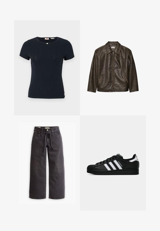 Barna bőrdzseki gallérral, cipzárral és két oldalsó zsebbel. Simaszerű textúra, enyhén kopott hatással.; Sötétkék testhezálló póló rövid ujjakkal, kerek nyakkivágással, bordás textúrával és egy apró díszítőelemmel a gallér közelében.; Fekete, bőszárú farmernadrág, állítható derékkal, öt zsebbel és kontrasztos varrási részletekkel. Lapos elülső dizájn.; Fekete Adidas Superstar sportcipő fehér csíkokkal, kagyló orral és "Superstar" felirattal az oldalán, oldalról bemutatva, fehér háttér előtt.