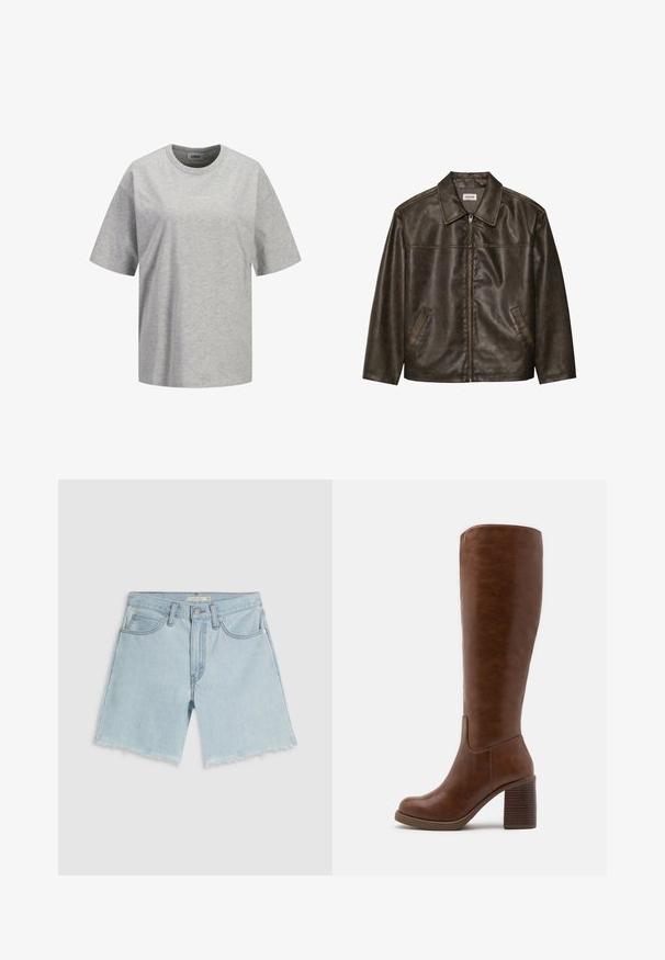 Hnedá kožená bunda s golierom, zipsom a dvoma bočnými vreckami. Hladká štruktúra s mierne opotrebovaným povrchom.; Šedé bavlnené tričko s krátkymi rukávmi, okrúhlym výstrihom a malým bielym logom „JJXX STUDIO“ na prednej strane, hladká textúra.; Svetlomodré rifľové šortky s ošúchaným lemom, štyrmi vreckami a zapínaním na zips; disponujú jemným vyblednutím a striebornými kovovými doplnkami.; Hnedé čižmy po kolená vyrobené z hladkej syntetickej kože, s okrúhlou špičkou, blokovým podpätkom s vertikálnymi drážkami a minimalistickým dizajnom.