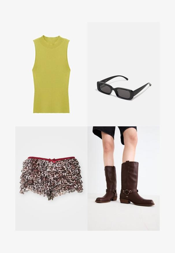 Brown leather jacket with a collar, zip closure, and two side pockets. Smooth texture with a slightly distressed finish.; Sleeveless, ribbed knit top in light green, featuring a high round neckline and fitted silhouette. Smooth texture with side seam detailing.; Floral leopard-print shorts with layered ruffles, featuring a red lace waistband and a small bow accent in front.; Brown leather knee-high boots with a rounded toe, textured surface, ankle strap, and silver hardware detail; stacked heel.; Black rectangular sunglasses with dark lenses, glossy finish, wide arms, and a chunky frame design. Engraved brand name on one arm.; Beaded handbag featuring vibrant colors: pink, orange, blue, and brown. Textured surface with circular beads and organic shapes, sturdy handles.