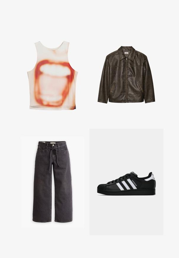 Braune Lederjacke mit Kragen, Reißverschluss und zwei Seitentaschen. Glatte Textur mit einem leicht abgenutzten Finish.; Ärmelloses Oberteil mit einem großen Mund-Design in Beige- und Orangetönen, aus einem glatten Stoff mit lässiger Passform.; Schwarze, weit geschnittene Jeans aus Denim mit einem Zugbandbund, fünf Taschen und kontrastierenden Nahtdetails. Flacher Frontschnitt.; Schwarzer Adidas Superstar Sneaker mit weißen Streifen, Schalenzehen und "Superstar"-Schriftzug an der Seite, im Seitenprofil auf weißem Hintergrund dargestellt.