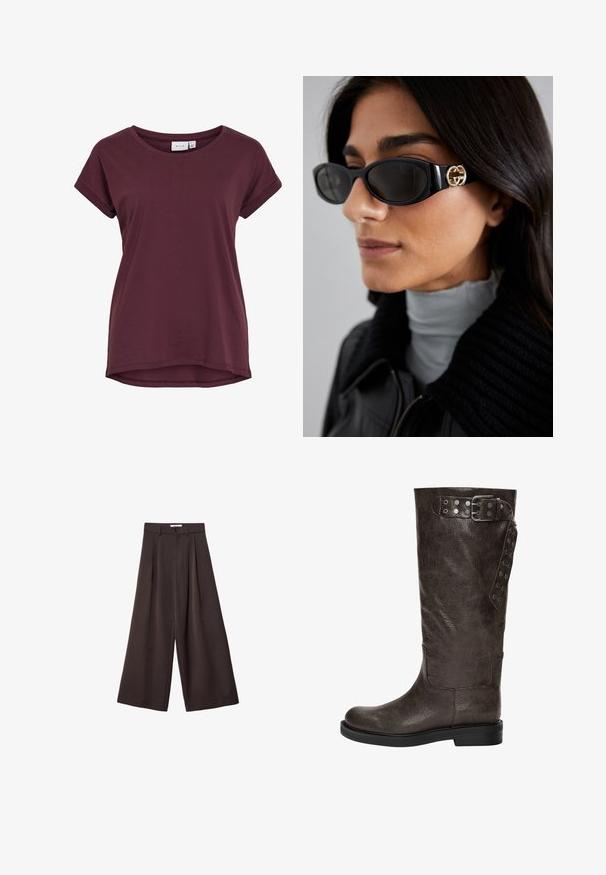 Brun læderjakke med krave, lynlås lukning og to sidelommer. Glat tekstur med en let slidt finish.; Bordeaux kortærmet t-shirt med rund halsudskæring, lidt længere bagpå og oprullede ærmer, lavet af blødt stof.; Sorte vidde bukser med høj talje, med frontfolder og knaplukning i taljen, lavet af glat stof.; Brune læderknæhøje støvler med en struktureret finish, der har en spændedetalje og trykknapaccents på siden, samt en flad gummisål.; Sorte solbriller med en strømlinet rektangulær ramme og en guld logoaccent på siden. Mørke linser og blank overflade er fremtrædende.; Blød brun hobo-stil håndtaske med en enkelt bred strop og en buet åbning på toppen, vist på en hvid baggrund.