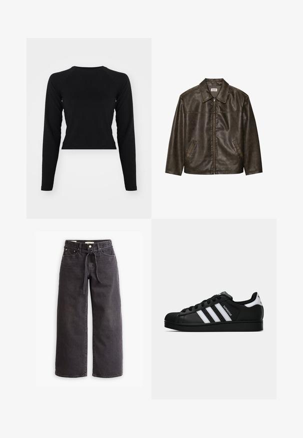 Brūna ādas jakas ar apkakli, ar rāvējslēdzēja aizdari un divām sānu kabatām. Gluda tekstūra ar viegli nodilušu finišu.; Melns ilgstoša piedurkņu apgrieztais tops ar apaļu apkakli un raglan piedurknēm. Gluda tekstūra, minimālista dizains un bez redzamām rakstām vai detaļām.; Melni platajā grieztie džinsi, izgatavoti no denima, ar jostu ar auklu, piecām kabatām un kontrastējošām šuvēm. Dzegužu priekšpuse.; Melnas Adidas Superstar kedas ar baltām svītrām, čaulas purngalu un uzrakstu "Superstar" sānos, parādītas sānskatā uz baltā fona.