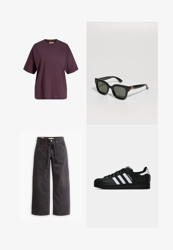 Brązowa skórzana kurtka z kołnierzem, zapinana na zamek, z dwiema bocznymi kieszeniami. Gładka tekstura z lekko postarzanym wykończeniem.; JJXX JXANDREA ciemnobrązowy; Czarne dżinsy o szerokich nogawkach, wykonane z denimu, z elastycznym paskiem na sznurki, pięcioma kieszeniami oraz kontrastowym szwem. Płaski przód.; Czarne sneakersy Adidas Superstar z białymi paskami, noskiem w kształcie muszli i napisem "Superstar" na boku, zaprezentowane w profilu bocznym na białym tle.; Czarne prostokątne okulary przeciwsłoneczne z ciemnozielonymi soczewkami. Posiadają błyszczący plastikowy front oraz złote akcenty na bokach.