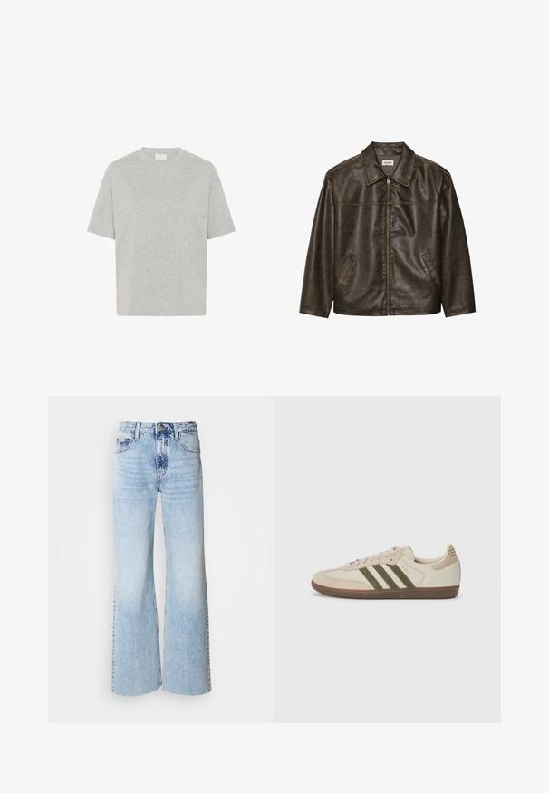 Braune Lederjacke mit Kragen, Reißverschluss und zwei Seitentaschen. Glatte Textur mit einem leicht abgenutzten Finish.; Kaffe TOMINA - T-Shirt basic - grey melange; Helle blaue, weite Jeans mit verblasster Denim-Textur, hoher Taille und klassischem Fünf-Taschen-Design. Mit Knopf- und Reißverschluss.; adidas Originals SAMBA OG UNISEX - Sneaker low - alumina/medium dark khaki/gum