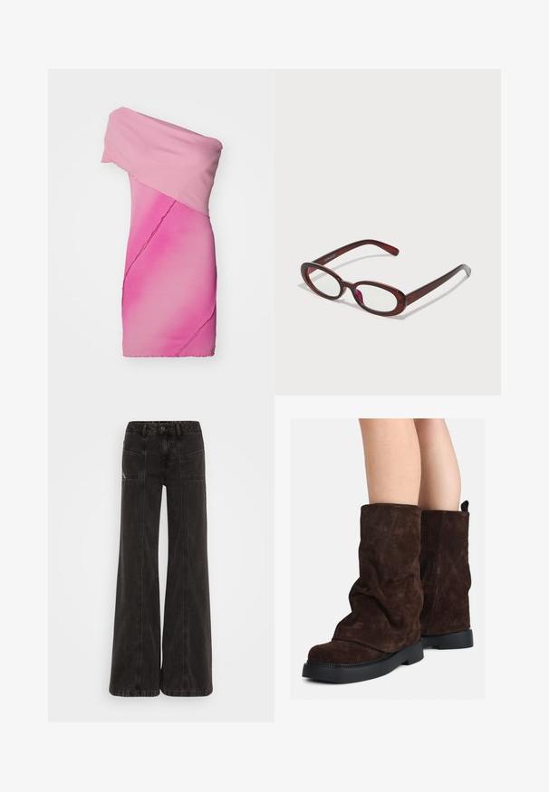Brown leather jacket with a collar, zip closure, and two side pockets. Smooth texture with a slightly distressed finish.; Fitted, off-shoulder dress in gradient pink ribbed fabric, featuring asymmetrical design and raw edge detailing.; Black wide-leg jeans made of denim, featuring a high waist, front pockets, and tonal stitching along the seams.; Brown suede mid-calf boots with black rubber soles worn on bare legs, showing slight wrinkling on the boot shafts.; Oval-shaped red sunglasses with clear lenses and sleek brown frames. The design features subtle curves and minimal hardware.