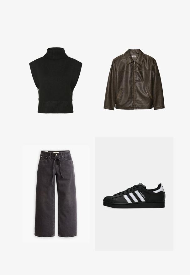 Jachetă din piele maro cu guler, închidere cu fermoar și două buzunare laterale. Textură netedă cu un finisaj ușor uzat.; Top negru tricotat fără mâneci, cu guler înalt și tiv cu nervuri. Butoane decorative pe laterale. Textură moale, design minimalist.; Jeans negre cu picioare largi, din denim, cu talie ajustabilă cu șnur, cinci buzunare și detalii de cusătură în contrast. Design cu fața plată.; Tenisii Adidas Superstar negri cu dungi albe, vârf din plastic, și textul "Superstar" pe lateral, prezentati în profil lateral pe fundal alb.