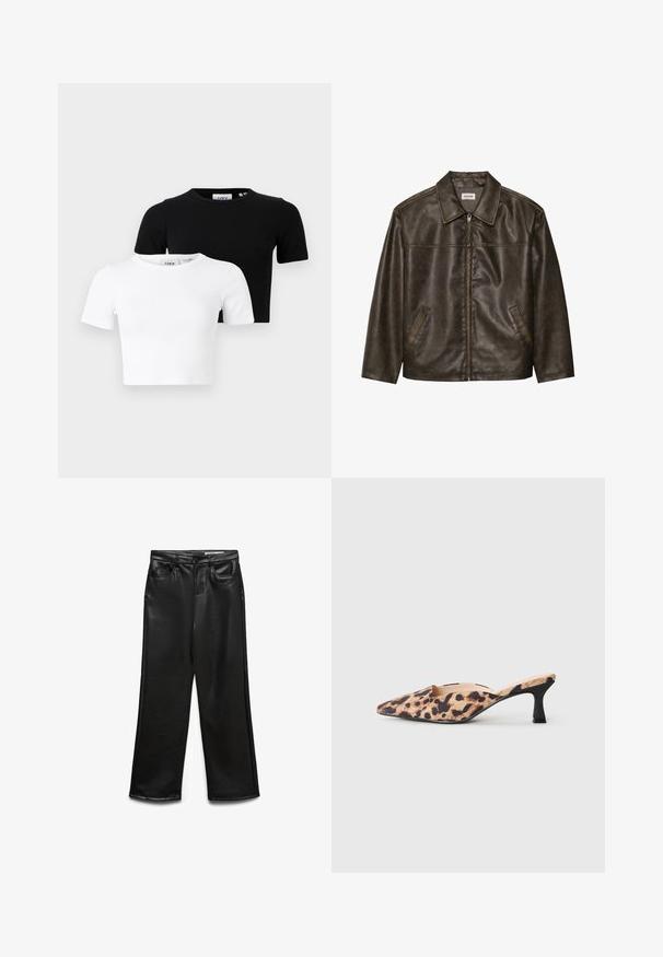 Rjav usnjeni jopič s ovratnikom, zadrgo in dvema stranskima žepoma. Gladka tekstura z rahlo obrabljenim videzom.; Dva kratka majica s kratkimi rokavi v črni in beli barvi, izdelana iz rebrastega blaga, z okroglim izrezom in prilegajočim krojem.; Široke hlače iz umetnega usnja v črni barvi z sprednjimi žepi, zankami za pas in subtilnim sijajem. Gladek tekstura in krojena prileganje.; Mule čevlji s koničastim nosom, z zgornjim delom v leopardjem vzorcu in nizko črno gažno peto na svetli podlagi.