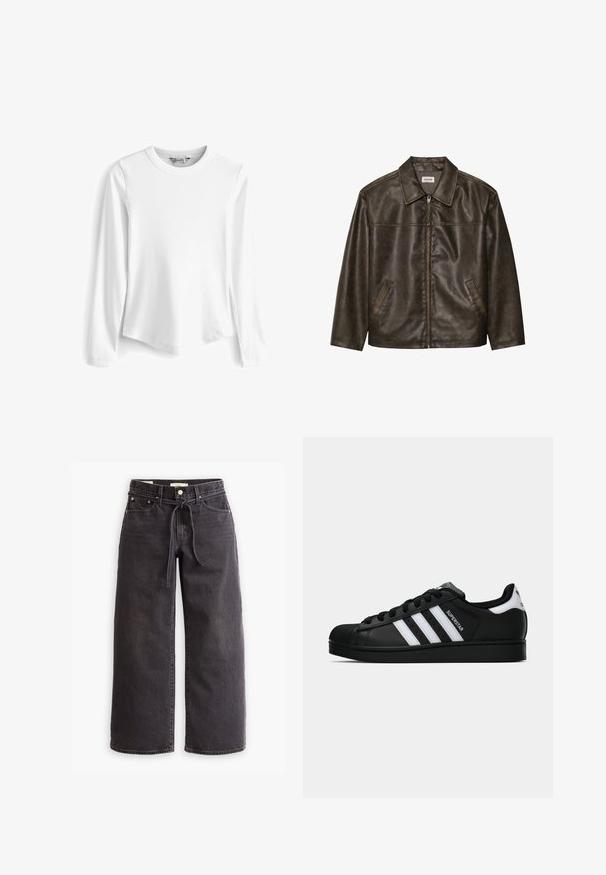 Braune Lederjacke mit Kragen, Reißverschluss und zwei Seitentaschen. Glatte Textur mit einem leicht abgenutzten Finish.; Weißes Langarm-T-Shirt mit Rippstrick, Rundhalsausschnitt, abgerundetem Saum und seitlichen Schlitzen, aus einem weichen, strukturierten Stoff hergestellt.; Schwarze, weit geschnittene Jeans aus Denim mit einem Zugbandbund, fünf Taschen und kontrastierenden Nahtdetails. Flacher Frontschnitt.; Schwarzer Adidas Superstar Sneaker mit weißen Streifen, Schalenzehen und "Superstar"-Schriftzug an der Seite, im Seitenprofil auf weißem Hintergrund dargestellt.