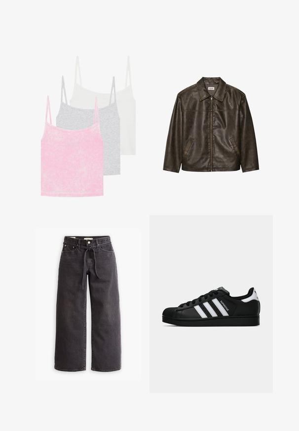 Jaqueta de couro castanho com colarinho, fecho com zíper e dois bolsos laterais. Textura suave com um acabamento ligeiramente desgastado.; Conjunto de três tops de alças em rosa, cinza e branco. Feitos de tecido canelado com alças finas. Cada top tem um decote redondo.; Jenas largas pretas, feitas de denim, com um cordão na cintura, cinco bolsos e detalhes de costura em contraste. Design de frente plana.; Sapatilha Adidas Superstar preta com riscas brancas, biqueira em concha e texto "Superstar" na lateral, apresentada em perfil lateral sobre fundo branco.