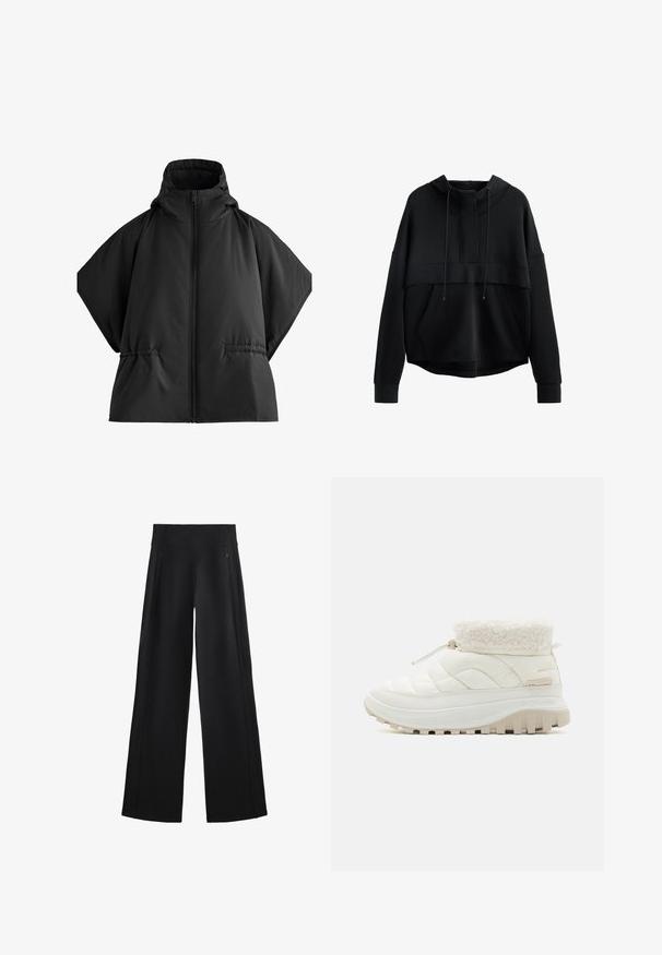 Jachetă puf de culoare neagră cu guler înalt, mâneci largi și fermoar central. Dispune de buzunare laterale și are o textură netedă, mată.; Hanorac scurt, de culoare neagră, realizat dintr-un material moale. Dispune de un guler înalt, șnururi de ajustare, un buzunar frontal și mâneci largi cu manșete din tricot.; Pantaloni negri cu picioare largi, dintr-o țesătură moale, având un talie înaltă și două buzunare cu fermoar, cu cusături subtile pe lateral.; Botine albe, matlasate, până la jumătatea gambei, cu guler din blană sintetică, închidere cu șnur elastic și o talpă groasă din cauciuc, dotată cu crampoane adânci pentru aderență.