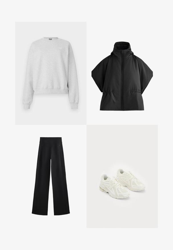 Fekete puffamellény magas gallérral, nagy ujjakkal és középen cipzárral. Oldalsó zsebekkel rendelkezik, sima, matt felülettel.; Szürke pulóver puha pamut keverékből, kerek nyakkal, hosszú ujjal és bordás végű szegéllyel. Kis logó részlet elöl.; Széles szárú fekete nadrág puha anyagból, magas derékkal és két cipzáras zsebbbél, diszkrét varrással az oldalakon.; Fehér sportcipők hálós és szintetikus anyagokból, fűzős dizájn, párnázott bokarésszel és érdes talppal a tapadás érdekében. Könnyű felépítés.