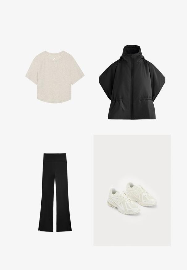 Zwarte pufferjack met een hoge kraag, grote mouwen en een centrale rits. Beschikt over zijzakken en een soepele, matte textuur.; Lichtbeige cropped t-shirt van zachte stof, met een ronde halslijn, korte raglanmouwen en een klein logo op de borst.; Zwarte broek met een wijd beenontwerp, voorzien van een hoge tailleband en zijsplitten voor gemakkelijke beweging. Gemaakt van een gladde, rekbare stof.; Witte sportschoenen van mesh en synthetische materialen, vetersluiting, gevoerde kraag en een gestructureerde zool voor grip. Lichtgewicht constructie.