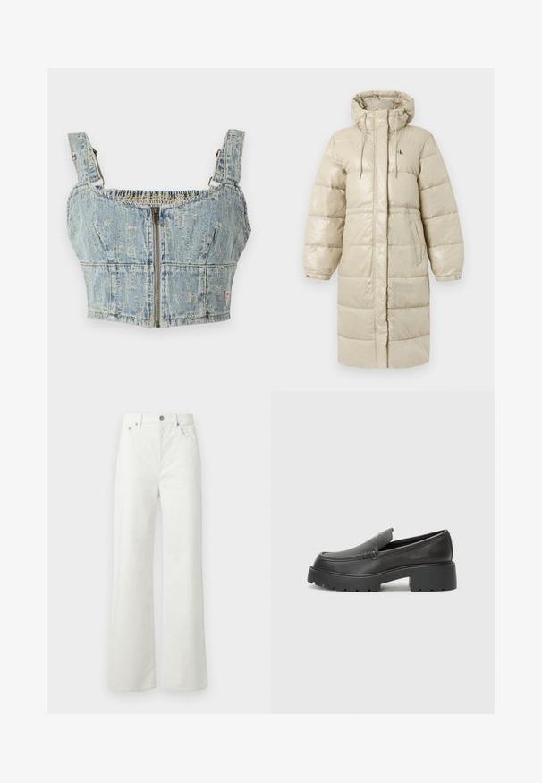 Dugi bež jakna na preklop s kapuljačom, vezicama, manžetama na kopčanje, bočnim džepovima i skrivenim prednjim zatvaračem, s malenim "cK" logom na prsima.; Denim cropped top svijetloplavog pranja, s patentnim zatvaračem, elastičnim leđima i širokim trakama. Detalji uključuju šavove i blago istrošen izgled.; Samsøe Samsøe SHELLY - Traperice opuštenog kroja - clear cream; Crne kožne loaferice s zaobljenim vrhom, debelim teksturiranim potplatom i minimalnim detaljima šivanja. Elegantna izrada bez vidljivih vezica ili metalnih elemenata.