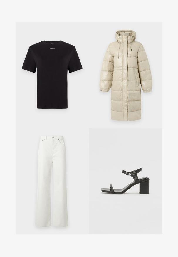 Geacă lungă matlasată bej, cu glugă, șnururi, manșete cu capse, buzunare laterale și închidere frontală cu fermoar ascunsă, având un mic logo „cK” pe piept.; Tricou negru din bumbac, cu mâneci scurte, gât rotund și un mic logo alb "Calvin Klein" pe piept. Textură netedă, croială clasică.; Samsøe Samsøe SHELLY - Blugi loose fit - clear cream; Sandal din piele neagră cu toc bloc, cu o curea lată peste degete și o curea ajustabilă la gleznă, având un design elegant și minimalist.