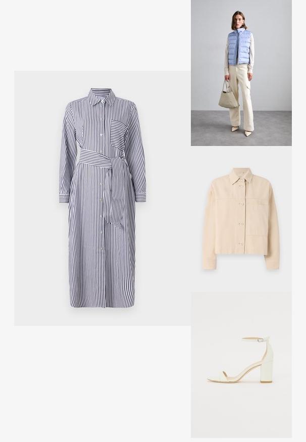 Giacca corta beige realizzata in un tessuto resistente, con chiusura a bottoni, colletto a punta e una singola tasca sul petto. Tessuto liscio.; Abito a righe con colletto, maniche lunghe, bottoni frontali, cintura in vita e una tasca sul petto. I colori sono blu navy e bianco.; Sandal con tacco cubano bianco in pelle, caratterizzata da una cinghia alla caviglia con fibbia e design minimalista. Punta aperta e texture liscia in tutto il sandalo.; DRAGON DIFFUSION SANTA CROCE BIG - Borsa a mano - pearl