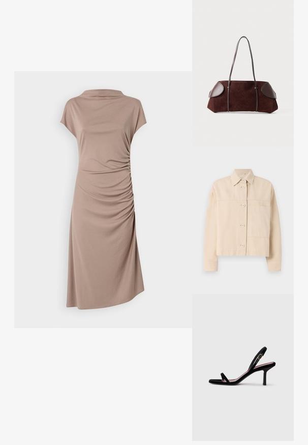 Beige kort jacka i slitstark tyg, med knappstängning, spetsig krage och en bröstficka. Slät textur.; Brun kortärmad klänning av mjukt tyg, med en cowl-krage och rynkade detaljer på sidan för en figurnära siluett.; Svart mocka högklackad sandal för kvinnor med smala remmar och ett guldspänne på vit bakgrund, sidosyn.; Brun mocka väska med läderdetaljer, strukturerad form, dubbla axelremmar och rundade kanter, med en slät yta och minimal hårdvara.