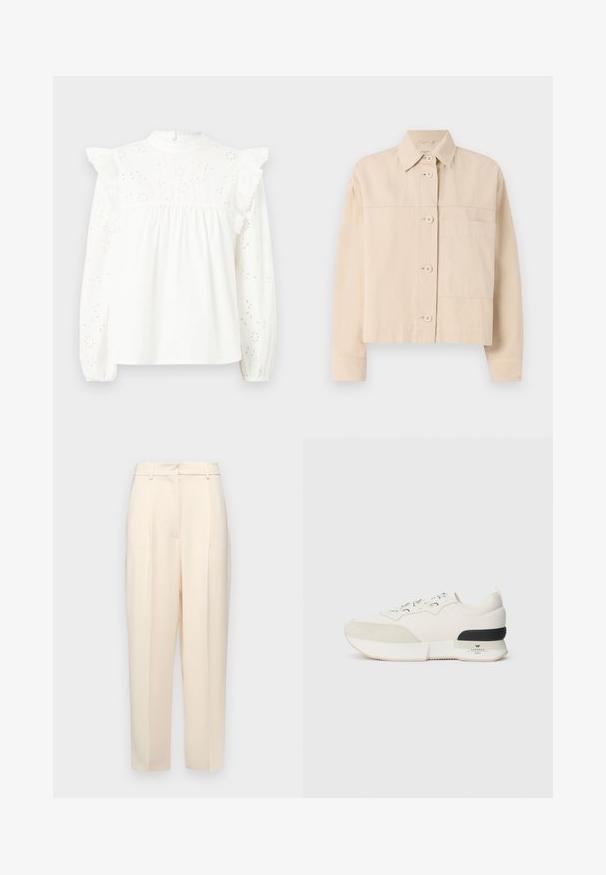 Beige lyhythihainen takki, joka on valmistettu kestävästä kankaasta. Takissa on napitus, teräväkauluksinen muotoilu ja yksi rintatasku. Pintakuvio on sileä.; Valkoinen puuvillapaita, jossa on pitkät hihat, röyhelökaulus, pitsireunus ja kukkaämpäri kuviot edessä ja hihoissa.; Beige housut, jotka on muotoiltu suoraan, edessä on laskoksia, sileä pinta ja keskikorkea vyötärö. Ei näkyviä taskuja.; Valkoiset tennarit, joissa on teksturoidulla mokkanahalla vuorattu kärki, sileä verkko-yläosa, koristeet nauhat ja musta kuminen kantapään korostus.