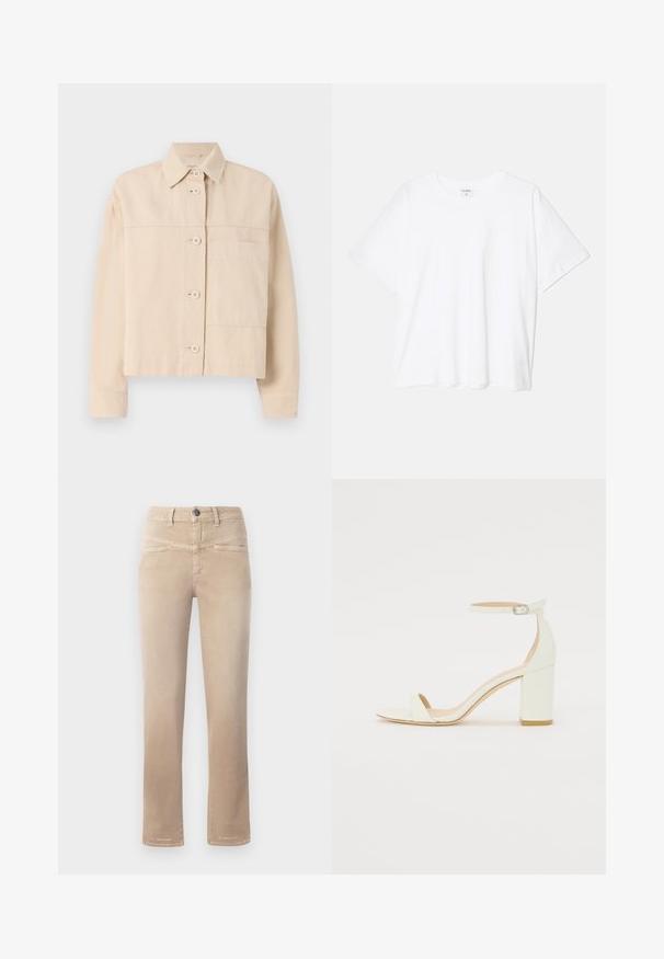 Bež jakna skraćena jakna izrađena od izdržljivog materijala, s kopčanjem na dugme, oštrim ovratnikom i jednim džepom na prsima. Glatka tekstura.; Bijela pamučna majica s kratkim rukavima, okruglim izrezom, opuštenim krojem i šivenim rubom. Etiketa je vidljiva na unutarnjoj strani vrata.; Bež traperice ravnog kroja izrađene od mekog materijala, s prednjim zatvaranjem na dugme, dva prednja džepa i suptilnim detaljima šivanja.; Bijela kožna sandala na blok petu s remenom oko zapešća i minimalističkim dizajnom. Otvoreni nos i glatke teksture kroz cijelu obuću.