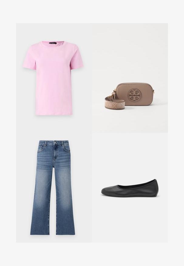 Béžová croptop bunda vyrobená z odolné tkaniny, s knoflíkovým zapínáním, špicatým límcem a jednou náprsní kapsou. Hladký povrch.; Krátké růžové bavlněné tričko s kulatým výstřihem a krátkými rukávy, s hladkou texturou a jednoduchým designem bez viditelných vzorů.; Světle modré džíny s širokými nohavicemi a vysokým pasem, se předními kapsami, zapínáním na knoflík a vybledlým vzorem na nohavicích.; Černé kožené baletní byty s kulatou špičkou, hladkou texturou, minimálními švy a flexibilním designem podrážky.; Hnědá kožená crossbody taška s texturovaným povrchem, kulatým logem a nastavitelným popruhem s logovým vzorem.