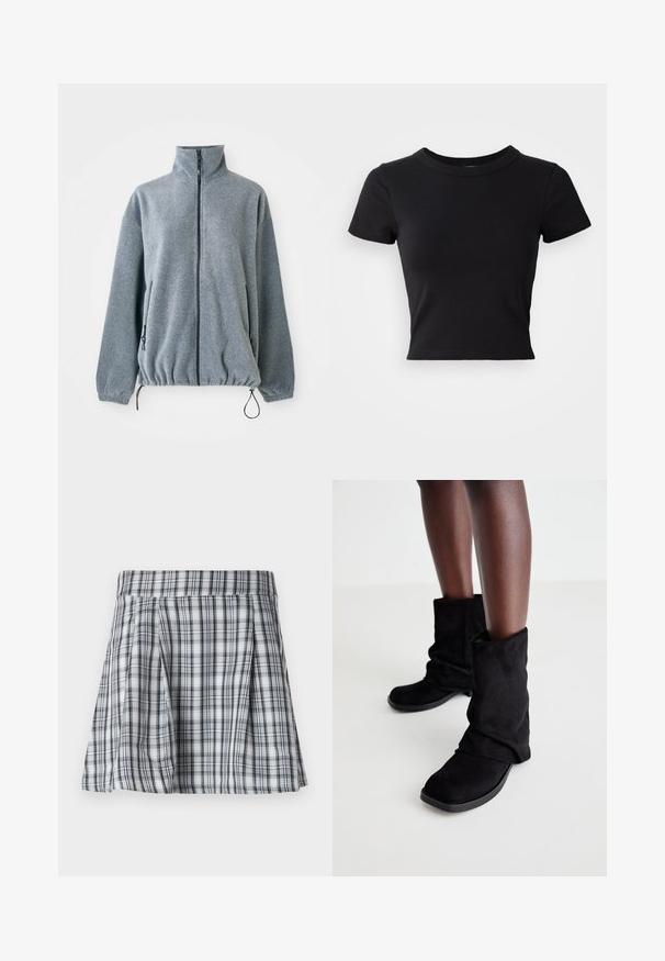 Casaco de fleeces cinza claro com gola alta, fecho éclair frontal completo, bolsos laterais com fecho, punhos elásticos e cordões ajustáveis no fundo.; T-shirt cropped preta, feita de algodão sólido, com mangas curtas e decote redondo, com um design liso e simples.; Saia mini em xadrez cinza e branco, com pregas e uma cintura. Feita de tecido leve, com riscas verticais e horizontais.; Botas de tornozelo em camurça preta com um design solto, apresentando uma sola plana e um bico quadrado, exibidas contra pernas escuras em um fundo claro.