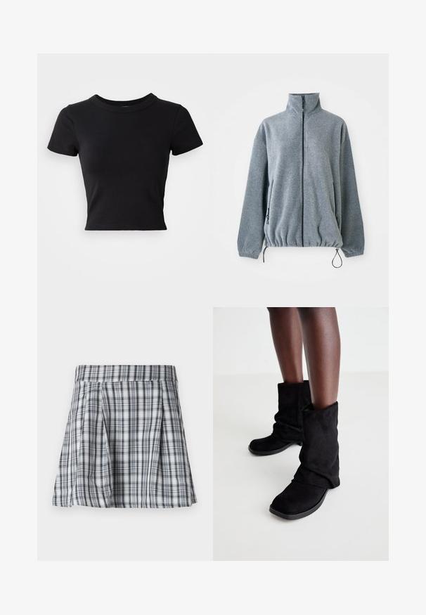 Gai pelēks frotē jaka ar augstu apkakli, pilnu priekšējo rāvējslēdzēju, rāvējslēdzēja sānu kabatām, elastīgām aprocēm un regulējamiem apakšmalas saistēm.; Melna īsā polo krekls, pagatavots no vienkrāsaina kokvilnas, ar īsām piedurknēm un apaļu kakla izgriezumu, ar gludu un vienkāršu dizainu.; Pelēka un balta raibā mini svārku ar plisēm un jostu. Izgatavots no viegla auduma, ar vertikālām un horizontālām svītrām.; Melnas zamša potītes ar brīvu dizainu, ar platu zoli un kvadrātveida purngaliem, novietotas uz tumšām kājām gaiša fona.