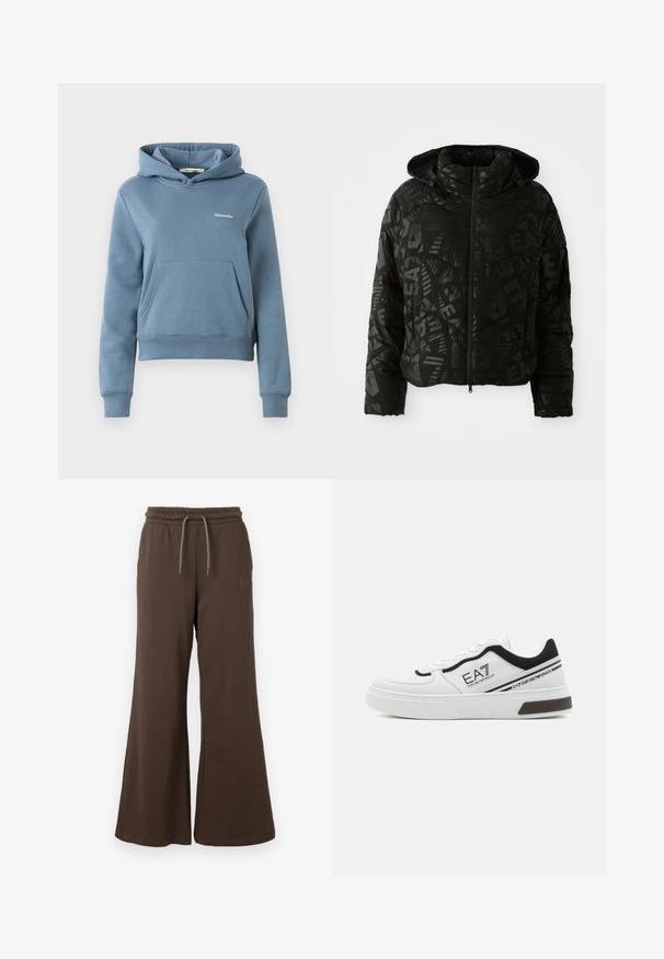 Schwarze Steppjacke mit Kapuze, durchgehendem Reißverschluss und einem dezenten gemusterten Druck mit Buchstaben und geometrischen Formen.; Blaue cropped Kapuzenjacke mit einer vorderen Kängurutasche und kleinem weißen "Holzweiler"-Logo auf der linken Brust, gerippte Bündchen und Saum.; Braune weit geschnittene Hose mit elastischem Bund und Kordelzug, aus weichem Stoff. Mit einem subtilen Logo an der Seite.; Weiße Sneakers mit einem strukturierten Lederoberteil, schwarzen Akzenten und einer dicken, strukturierten Sohle. Logo auf der Seite gedruckt; Ösen für Schnürsenkel.