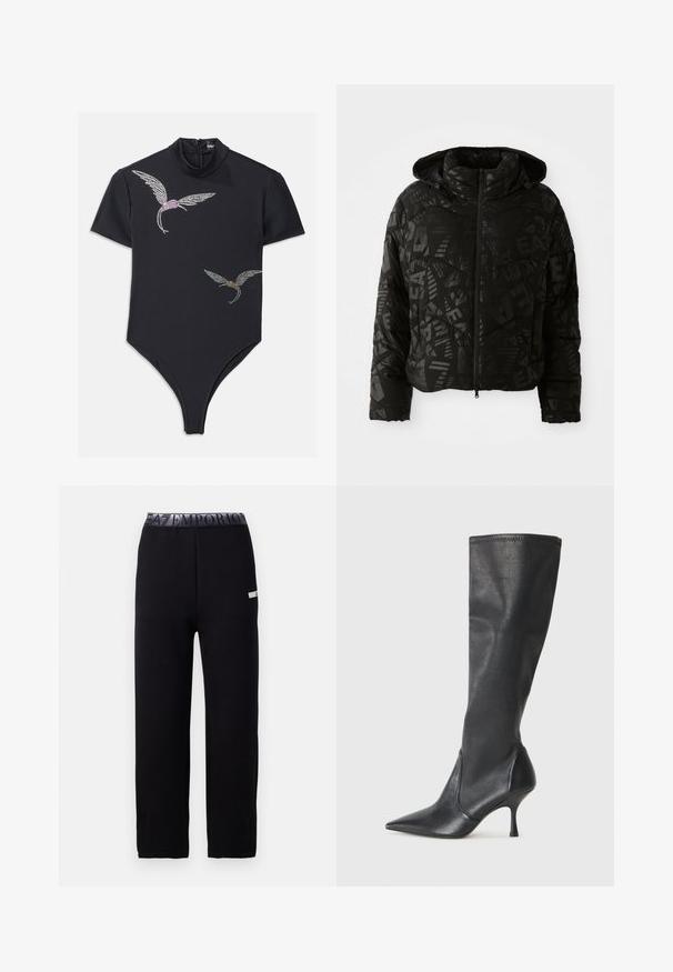 Must ehk koos kapuutsi, täispikk eesmine tõmblukk ja peenelt mustriga trükk, mis sisaldab tähti ja geomeetrilisi kujundeid.; Must mustreid lühikeste varrukatega, kõrge kaelusega ja tõmblukuga. Kaunistatud kaunistuslintude kujutistega kristallides, roosa ja kuldse aktsendiga.; Mustad mustreid dressipüksid, millel on sile ja pehme tekstuur. Elastsest materjalist vöökohaosa logoga ning külgmise detailiga. Sirge säärepikkus.; Knee-high mustad nahksaapad terava nina ja kitsaste stiilsete kontsadega. Sile tekstuur sobiva disainiga ja õmblused ülemisel serval.
