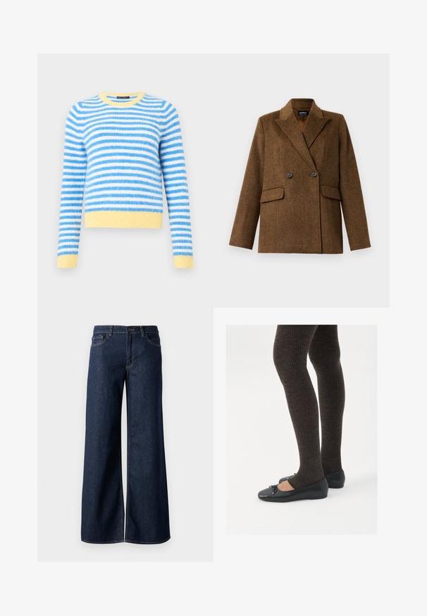 Sacou din lână maro, cu două rânduri de nasturi și rever larg, cu două buzunare frontale cu clapă și închidere cu nasturi, expus pe un fundal alb simplu.; Pulover cu dungi albastre și albe, cu guler rotund, realizat din material moale. Are accente galbene la guler și tiv.; Jeanși cu picioare largi din denim albastru închis. Prezintă cusături contrastante, cinci buzunare și o închidere cu nasture la talie. Textură netedă.; Pantofi negri cu un detaliu mic de fundiță la vârf, asortați cu colanți maro închis, cu textură ondulată. Pantofii au o textură netedă și un profil joase.