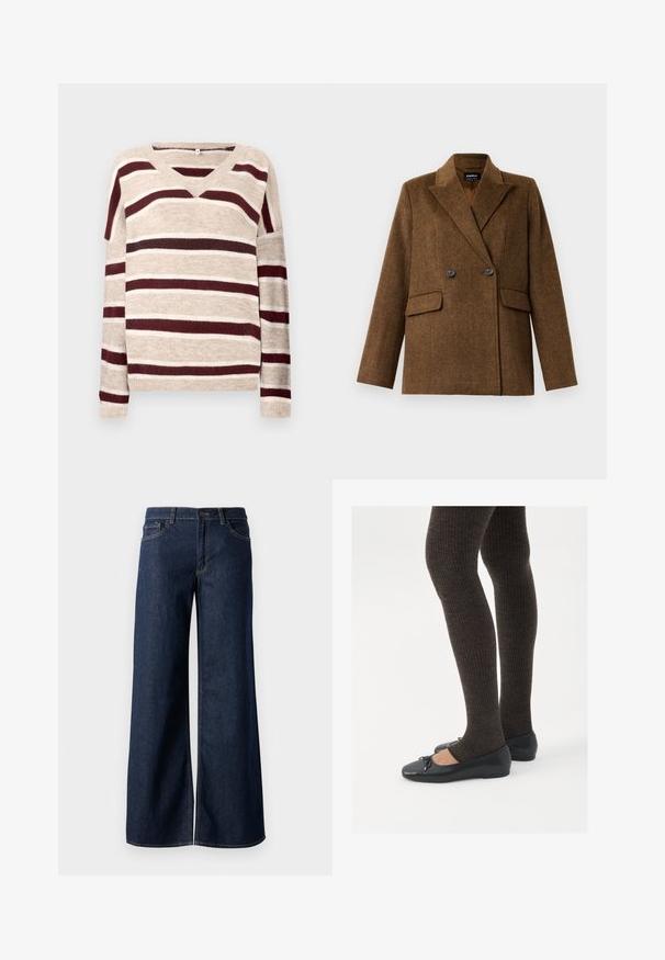 Blazer de lana marrón de doble botonadura con solapas anchas, dos bolsillos delanteros con solapa y cierre de botón, exhibido sobre un fondo blanco liso.; Jersey de cuello en V en beige con rayas rojo oscuro y crema. Cuenta con mangas largas y bajo acanalado. Textura suave y corte relajado.; Jeans de pierna ancha en denim azul oscuro. Presenta costuras en contraste, cinco bolsillos y un cierre de botón en la cintura. Textura suave.; Zapatos planos negros con un pequeño lazo en la punta, combinados con medias de punto en marrón oscuro. Los zapatos tienen una textura suave y un perfil bajo.