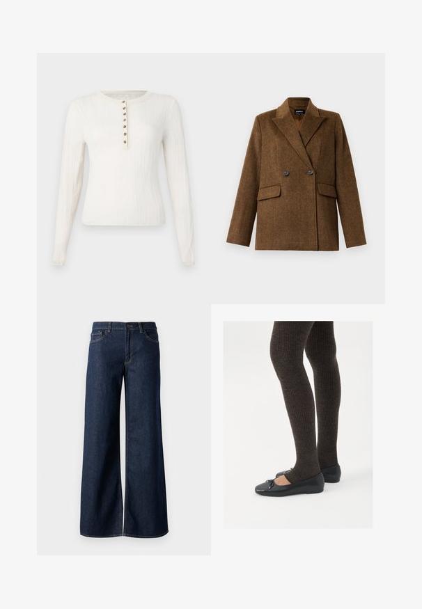 Rjav dvoredni volneni suknjič s širokimi klapnicami, dvema sprednjima žepoma s poklopcem in zapiranjem na gumb, prikazan na enobarvni beli podlagi.; Krem pulover z dolgimi rokavi in ribasto teksturo, ki ima okroglo ovratnico in sedem dekorativnih gumbov spredaj.; Široke hlače iz temnega modrega denima. Imajo kontrastno šivanje, pet žepov in gumbasto zapiranje v pasu. Gladka tekstura.; Črne ravne čevlje z majhnim lokom na prstih, v kombinaciji s temno rjavimi rebrastimi nogavicami. Čevlji imajo gladko teksturo in nizko obliko.