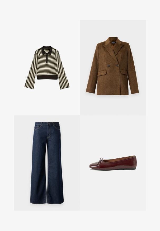 Brun dubbelknäppt ullblazer med breda slag, två framfickor med klaff och knäppning, utställd på en plain vit bakgrund.; Svart och beige horisontellt randig långärmad polo t-shirt med svart krage och knappslå, utlagd platt på en vit bakgrund.; Breda jeans i mörkblå denim. Har kontrastsömmar, fem fickor och en knappstängning vid midjan. Slät textur.; Burgunderfärgad lackläderballettskor med rund tå, liten rosettdekoration fram och en låg, svart gummisula. Slät textur.