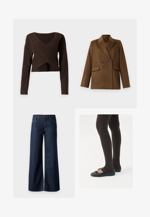 Barna, dupla gombolású gyapjú blézer széles hajtókákkal, két elülső zsebfedéllel és gombos zárással, egy sima fehér háttérrel bemutatva.; Barna, rövidített pulóver, puha anyagból készült, mély V-nyakkivágással, hosszú ujjal és átfedő kialakítással az elején.; Sötét kék farmer széles lábú nadrág. Kontrasztos varrással, öt zsebhálóval és gombos derékzárással rendelkezik. Simás textúra.; Fekete lapos cipők kis masni díszítéssel az orrán, sötétbarna bordázott harisnyával párosítva. A cipők sima textúrával és alacsony profilúak.