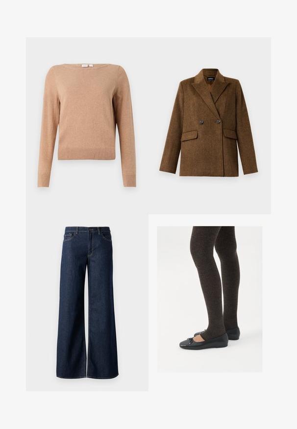 Blazer in lana marrone doppiopetto con revers ampi, due tasche anteriori a soffietto e chiusura con bottoni, esposto su uno sfondo bianco semplice.; Maglione beige a maniche lunghe con collo a giro, dotato di orlo e polsini a coste, esposto su uno sfondo chiaro e neutro.; Jeans a gamba larga in denim blu scuro. Presentano cuciture a contrasto, cinque tasche e una chiusura con bottone in vita. Texture morbida.; Scarpe nere a flat con un piccolo fiocco sulla punta, abbinate a collant a coste marrone scuro. Le scarpe hanno una texture liscia e un profilo basso.