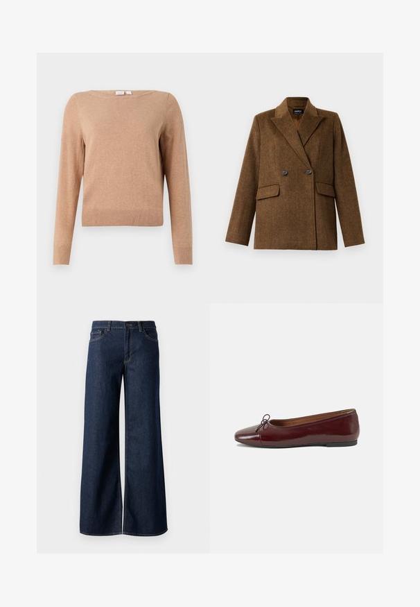 Brun dobbeltradet ullblazer med brede reversible slag, to frontlommer med klaff og knappelukking, vist på en ensfarget hvit bakgrunn.; Beige genser med lang arm og rund hals, med ribbestrikket kant og mansjetter, vist på en enkel lyse bakgrunn.; Vide benbukser i mørkeblå denim. Har kontrastsøm, fem lommer og en knaplukning i taljen. Glat tekstur.; Burgunderrød lakk lær ballettleilighet med rund tå, liten sløyfe foran og en lav, svart gummisåle. Glatt tekstur.