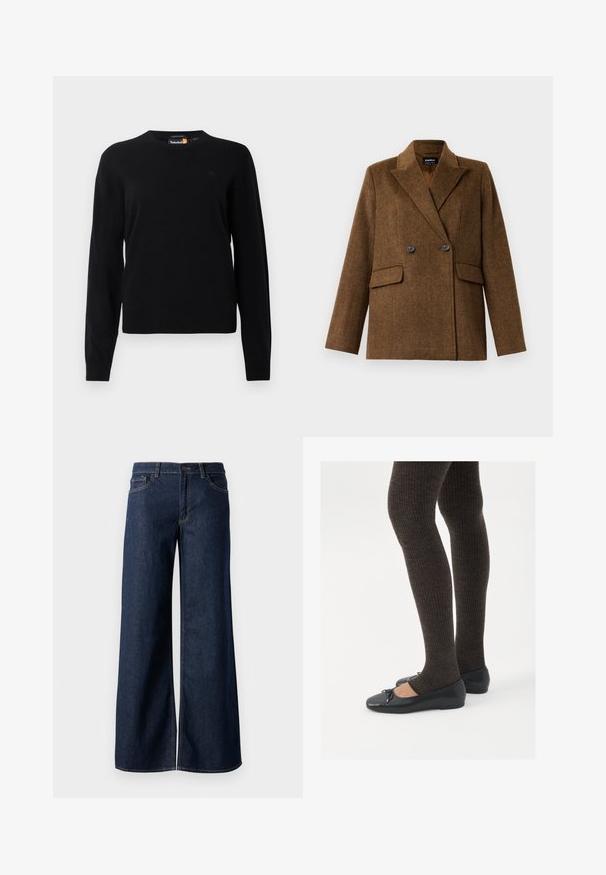 Pruun kahepoolne villane bleiser laiade klappidega, kahe esise fanaaniga taskuga ja nööbiga kinnitamine, esitatud ühel lihtsal valgel taustal.; Must have mustreeritud must villane sviiter, ümmarguse kaelusega, pikkade varrukatega ja väikese logoga rinnal. Pehme tekstuur ja klassikaline lõige.; Laiad teksad tumesinises denimis. Omab kontrastõmblusi, viit taskut ja nupukinnitust vööl. Sile tekstuur.; Mustad mustad kingad väikese teksaga varvaste juures, koos tumedate pruunide ribakangastega. Kingadel on sile tekstuur ja madal profiil.