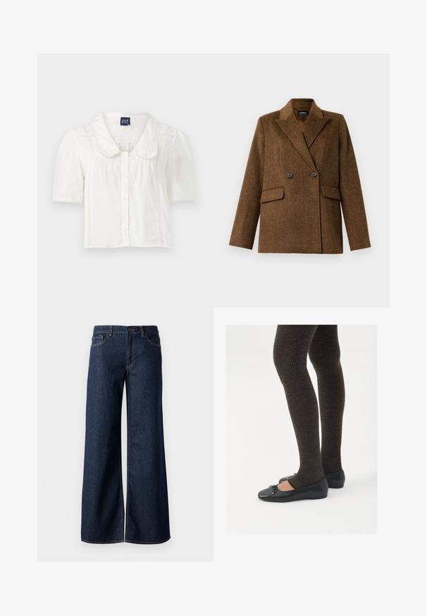 Brown double-breasted wool blazer with wide lapels, two front flap pockets, and button closure, displayed on a plain white background.; White short-sleeve collared blouse with button closure, featuring subtle vertical pleats and textured accents along the sides.; Wide-leg jeans in dark blue denim. Features contrast stitching, five pockets, and a button closure at the waist. Smooth texture.; Black flat shoes with a small bow detail at the toe, paired with dark brown ribbed tights. Shoes have a smooth texture and low profile.