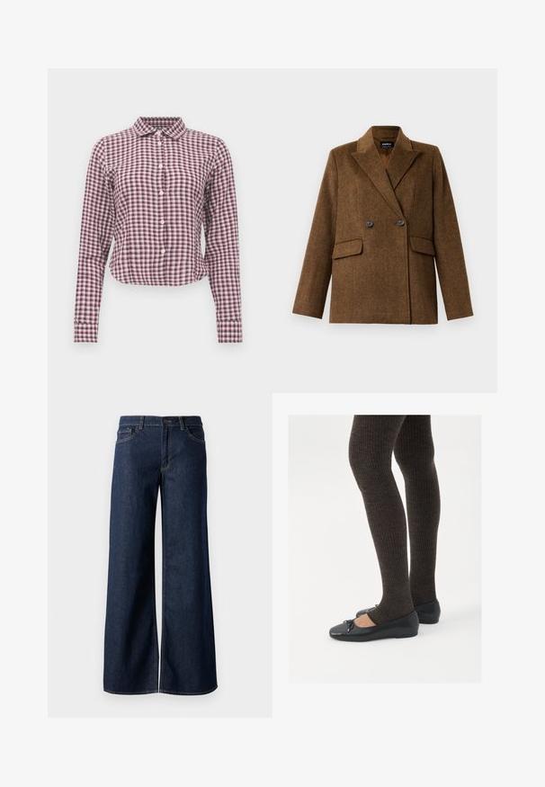 Pruun kahepoolne villane bleiser laiade klappidega, kahe esise fanaaniga taskuga ja nööbiga kinnitamine, esitatud ühel lihtsal valgel taustal.; Pikkade varrukatega nupuga särk roosa ja lilla ruudulise mustriga. Omab kaelust, kõverat äärt ja pehmet kangast tekstuuri.; Laiad teksad tumesinises denimis. Omab kontrastõmblusi, viit taskut ja nupukinnitust vööl. Sile tekstuur.; Mustad mustad kingad väikese teksaga varvaste juures, koos tumedate pruunide ribakangastega. Kingadel on sile tekstuur ja madal profiil.