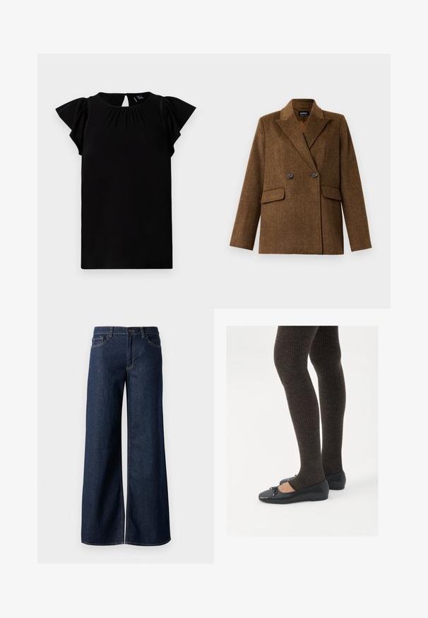 Rjav dvoredni volneni suknjič s širokimi klapnicami, dvema sprednjima žepoma s poklopcem in zapiranjem na gumb, prikazan na enobarvni beli podlagi.; Črna kratkotrajna majica iz mehkega materiali, ki ima okroglo ovratnico, naborke in rahle rokave z izrezi na hrbtni strani.; Široke hlače iz temnega modrega denima. Imajo kontrastno šivanje, pet žepov in gumbasto zapiranje v pasu. Gladka tekstura.; Črne ravne čevlje z majhnim lokom na prstih, v kombinaciji s temno rjavimi rebrastimi nogavicami. Čevlji imajo gladko teksturo in nizko obliko.