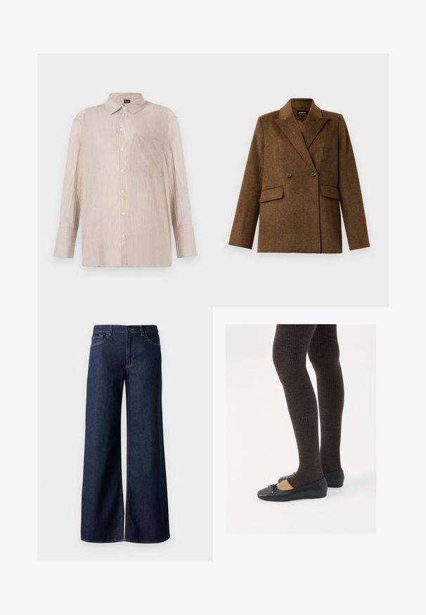 Brown double-breasted wool blazer with wide lapels, two front flap pockets, and button closure, displayed on a plain white background.; Striped button-up shirt in beige with white and blue lines, featuring a collar and a chest pocket; long sleeves with buttoned cuffs.; Wide-leg jeans in dark blue denim. Features contrast stitching, five pockets, and a button closure at the waist. Smooth texture.; Black flat shoes with a small bow detail at the toe, paired with dark brown ribbed tights. Shoes have a smooth texture and low profile.