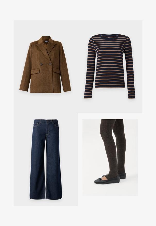 Ruskea tuplarivinen villablazer, jossa on leveät kaulukset, kaksi etutaskua ja nappikiinnitys, esillä tasaisella valkoisella taustalla.; T-paita pitkähihainen tummansininen, jossa on ruskeat vaakaraidat ja pyöreä kaula-aukko, esillä valkoista taustaa vasten.; Suorat lahkeet farkut tummansinisestä denimmistä. Ominaisuuksiin kuuluvat kontrastiväriset ompeleet, viisi taskua ja nappisuljenta vyötäröllä. Sileä pinta.; Mustat matalat kengät, joissa on pieni nauha varpaissa, yhdistettynä tummanruskeisiin ribattuisiin sukkahousuihin. Kengissä on sileä pinta ja matala profiili.