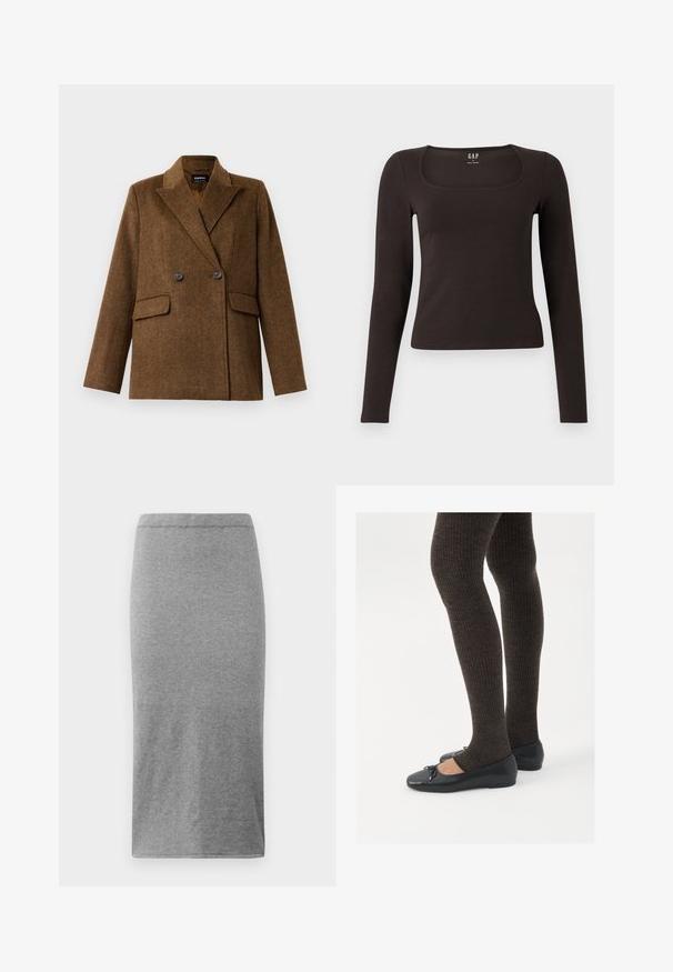 Pruun kahepoolne villane bleiser laiade klappidega, kahe esise fanaaniga taskuga ja nööbiga kinnitamine, esitatud ühel lihtsal valgel taustal.; Must musta, sobiv ülikond, neljakandiline kaelus, sildiga GAP, valge tausta peal.; Hallide, põlvepikkune seelik, mis on valmistatud pehmest ja elastsetest materjalidest. Omab lihtsat, keha järgivat disaini, millel on elastne vöökoht ja sile tekstuur.; Mustad mustad kingad väikese teksaga varvaste juures, koos tumedate pruunide ribakangastega. Kingadel on sile tekstuur ja madal profiil.