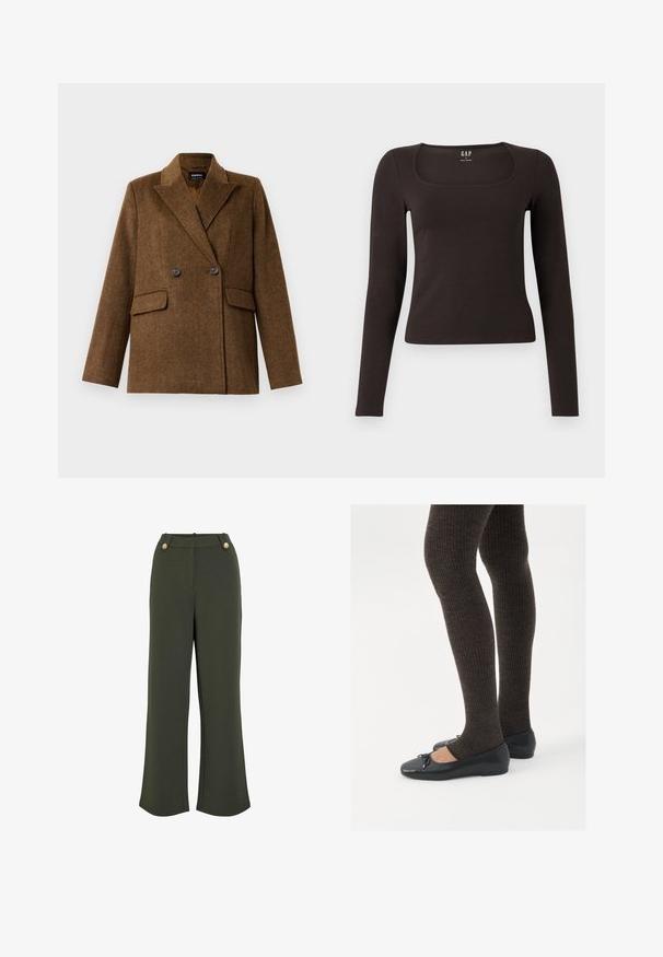 Brauner doppelt knöpferner Wollblazer mit breiten Revers, zwei vorderen Klappentaschen und Knopfverschluss, auf einem schlichten weißen Hintergrund präsentiert.; Schwarzes, langärmliges, figurbetontes Oberteil mit quadratischem Ausschnitt, gekennzeichnet mit GAP, vor einem weißen Hintergrund präsentiert.; Olivegrüne weit geschnittene Hosen aus einem glatten Stoff, mit zwei goldfarbenen Knöpfen am Bund und einer klaren, taillierten Silhouette.; Schwarze flache Schuhe mit einem kleinen Schleifendetail an der Zehe, kombiniert mit dunkelbraunen gerippten Strumpfhosen. Die Schuhe haben eine glatte Textur und ein niedriges Profil.