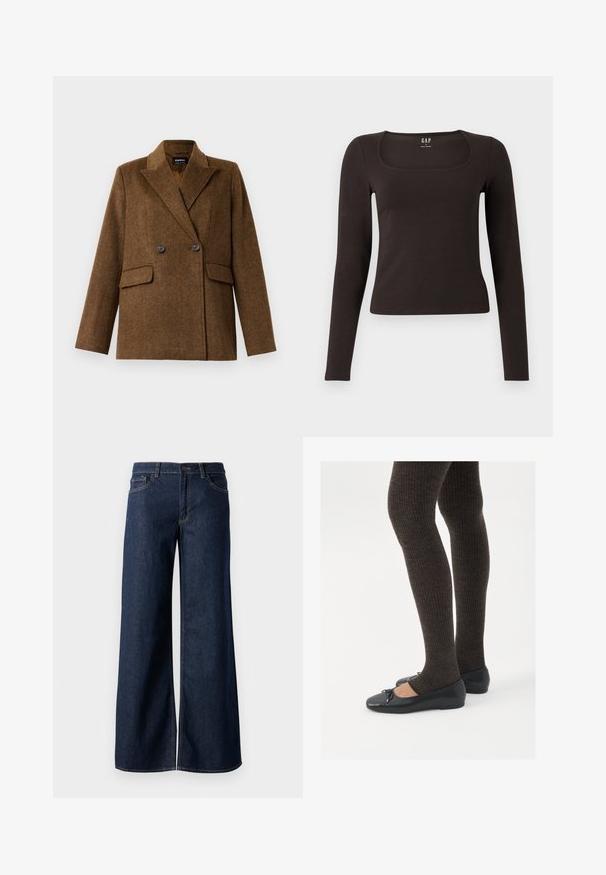 Hnedý dvojradový vlnený blejzer so širokými klopami, dvoma prednými vreckami s chlopňami a zapínaním na gombíky, zobrazený na čistom bielom pozadí.; Čierny priliehavý top s dlhým rukávom a štvorcovým výstrihom, označený značkou GAP, zobrazený na bielom pozadí.; Džínsy s širokými nohavicami v tmavomodrom denime. Obsahujú kontrastné prešívanie, päť vreciek a gombíkový zips v oblasti pása. Hladká textúra.; Čierne ploché topánky s malou mašľou na špičke, v kombinácii s tmavohnedými rebrovanými pančuchami. Topánky majú hladký povrch a nízky profil.