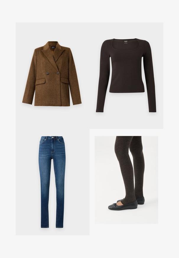 Rjav dvoredni volneni suknjič s širokimi klapnicami, dvema sprednjima žepoma s poklopcem in zapiranjem na gumb, prikazan na enobarvni beli podlagi.; Črn dolg rokav, prilegajoča majica s kvadratnim izrezom, označena z GAP, prikazana na belem ozadju.; Visoko pasen skinny jeans v srednje modrem džinsu s klasičnim pet-pocket slogom in gumbnim zapiranjem.; Črne ravne čevlje z majhnim lokom na prstih, v kombinaciji s temno rjavimi rebrastimi nogavicami. Čevlji imajo gladko teksturo in nizko obliko.