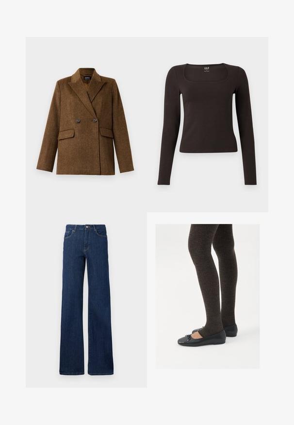Brun dobbeltradet ullblazer med brede reversible slag, to frontlommer med klaff og knappelukking, vist på en ensfarget hvit bakgrunn.; Svart langermet, tett topp med firkantet hals, merket GAP, vist på en hvit bakgrunn.; Mørkeblå denimjeans med rett passform, fem lommer, knapp- og glidelåsclosure, og minimale sømdetaljer. Glatt tekstur.; Sorte flate sko med en liten sløyfedetalj på tåen, kombinert med mørkebrune ribbede strømpebukser. Skoene har en glatt overflate og lav profil.