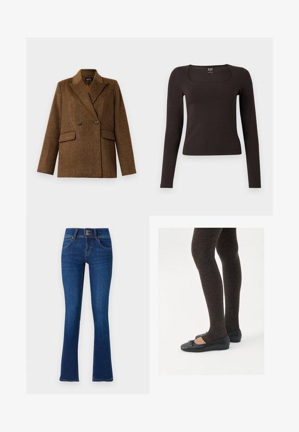 Brun dobbeltradet ullblazer med brede reversible slag, to frontlommer med klaff og knappelukking, vist på en ensfarget hvit bakgrunn.; Svart langermet, tett topp med firkantet hals, merket GAP, vist på en hvit bakgrunn.; Mørkeblå vide jeans laget av denim. Har to frontlommer, dobbel knappelukking og diskrete sømdetaljer. Glatt tekstur.; Sorte flate sko med en liten sløyfedetalj på tåen, kombinert med mørkebrune ribbede strømpebukser. Skoene har en glatt overflate og lav profil.