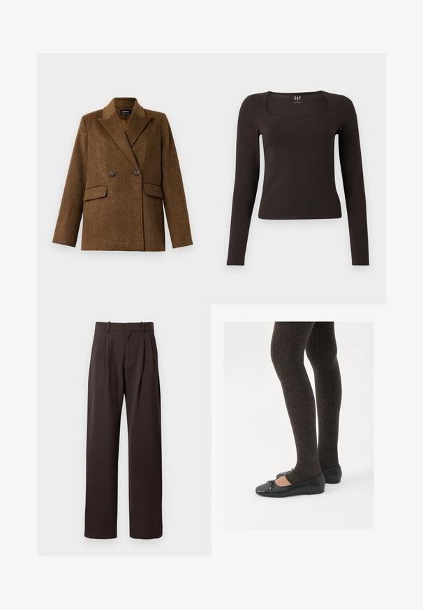 Brun dobbeltradet ullblazer med brede reversible slag, to frontlommer med klaff og knappelukking, vist på en ensfarget hvit bakgrunn.; Svart langermet, tett topp med firkantet hals, merket GAP, vist på en hvit bakgrunn.; Brune, plisede bukser med lige ben-design. Lavet af glat stof, med bæltestropper og sidelommer.; Sorte flate sko med en liten sløyfedetalj på tåen, kombinert med mørkebrune ribbede strømpebukser. Skoene har en glatt overflate og lav profil.