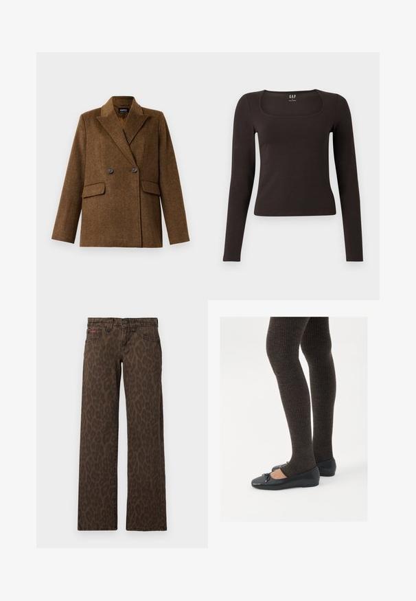 Brown double-breasted wool blazer with wide lapels, two front flap pockets, and button closure, displayed on a plain white background.; Black long-sleeve, fitted top with a square neckline, labeled GAP, displayed on a white background.; Brown leopard print jeans with a straight leg design, featuring a button closure and subtle red branding on the front. Soft denim texture.; Black flat shoes with a small bow detail at the toe, paired with dark brown ribbed tights. Shoes have a smooth texture and low profile.